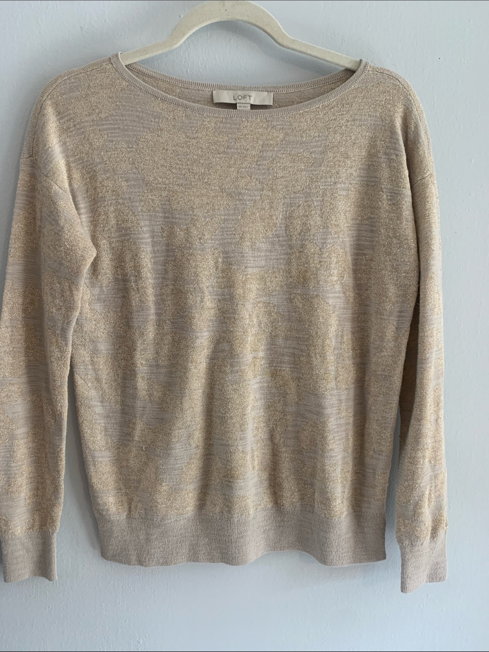 LOFT Neutral Beige & Gold Shimmery Leopard Print Crewneck Sweater
